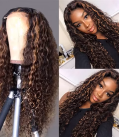 Honey Brown Highlight 27 Curly Lace Frontal Wig